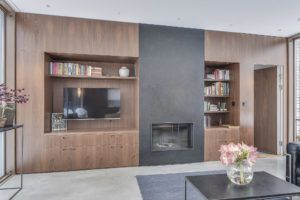 An entertainment wall based on Ikea Metod cabinets and our Walnut veneer.